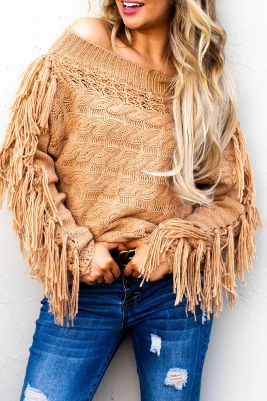 Chic Tassel Detail Sleeve Off Shoulder Pullover Sweater sold by BOLD elements