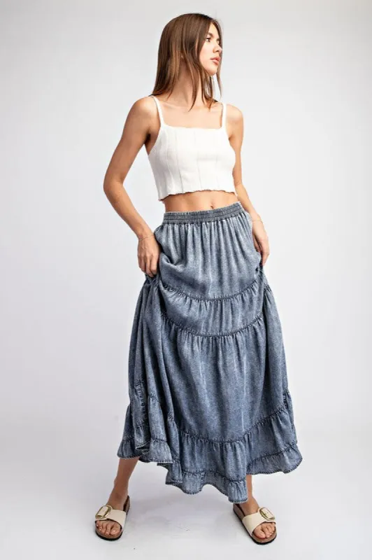 Women's Denim Maxi Skirt – Tiered Ruffled A-Line Long Skirt sold by BOLD elements