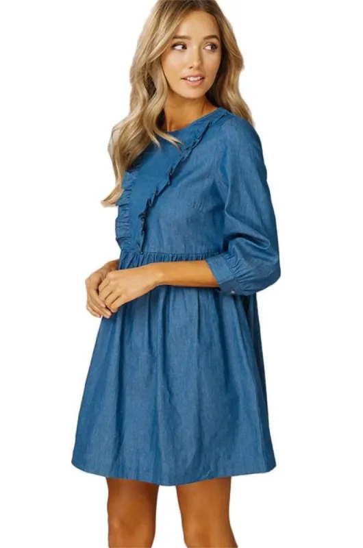 Women Ruffle Mid-Sleeve Chambray Dress sold by BOLD elements
