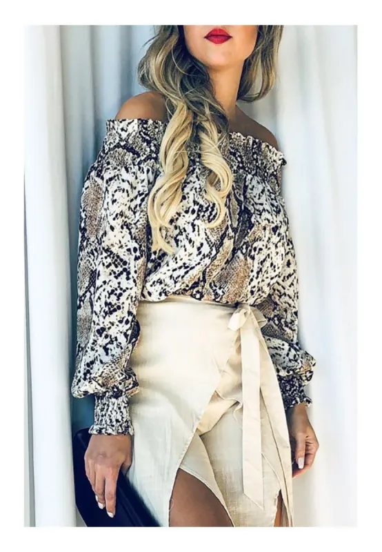 Snake Skin Smocking Off Shoulder Top sold by BOLD elements