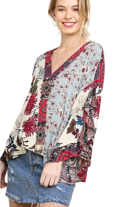 Floral Mixed Surplice Top with Split Ruffled Sleeves sold by BOLD elements