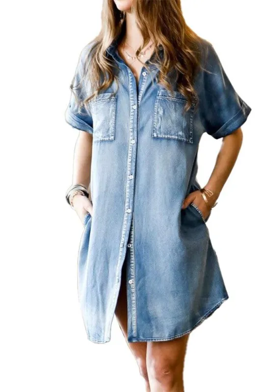 Short Sleeve Front Button-Down Blue Denim Shirt Dress sold by BOLD elements