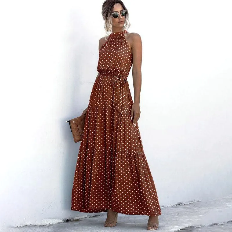 Gorgeous Halter Tiered White Pot-A-Dot Brown Maxi Dress sold by BOLD elements