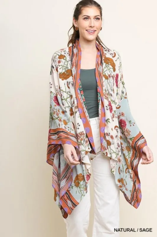 Floral Mixed Open Front Kimono Shark-bite Hem sold by BOLD elements