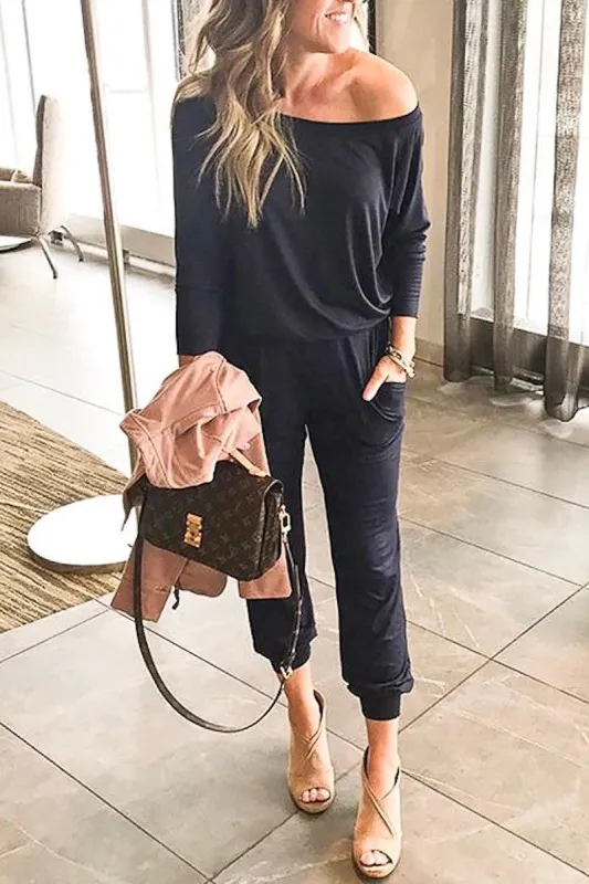 Women's Comfy Slanted Black Shoulder Loose Fit Jumpsuit sold by BOLD elements