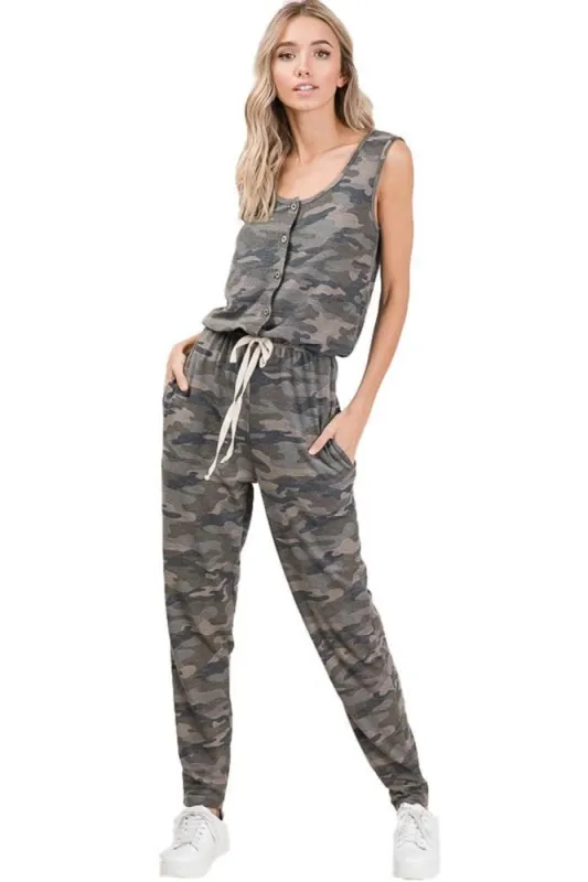 Women's Camo Print Sleeveless Tank Top-Style Tie-Waist Jumpsuit sold by BOLD elements