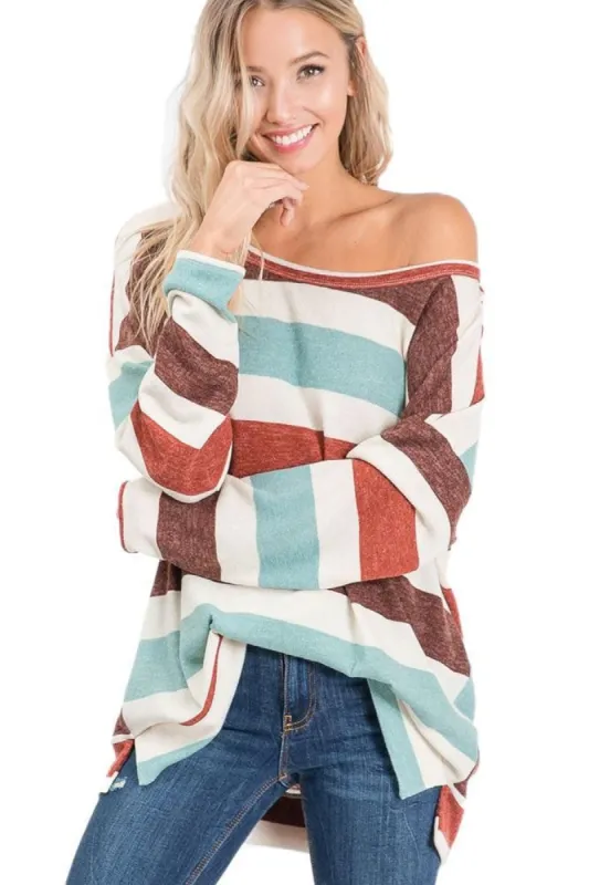 Women's Cozy Stripe Off Shoulder Pullover Sweater sold by BOLD elements