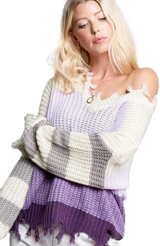 Color Block Raw Hem V-Neck Sweater sold by BOLD elements