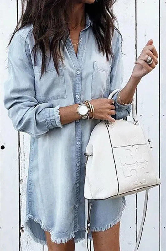 Women Denim Wash Dye Button Up Solid Tunic Dress sold by BOLD elements