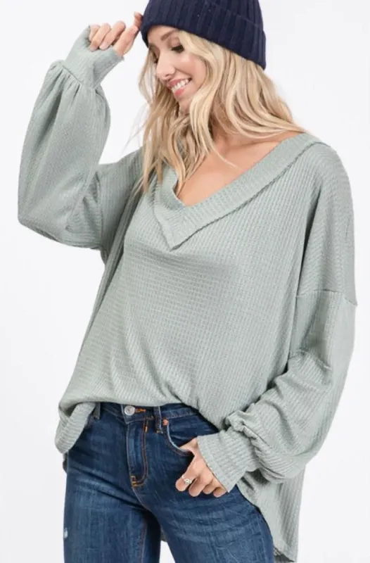 Thermal Waffle V-Neck Top with Puff Sleeves sold by BOLD elements