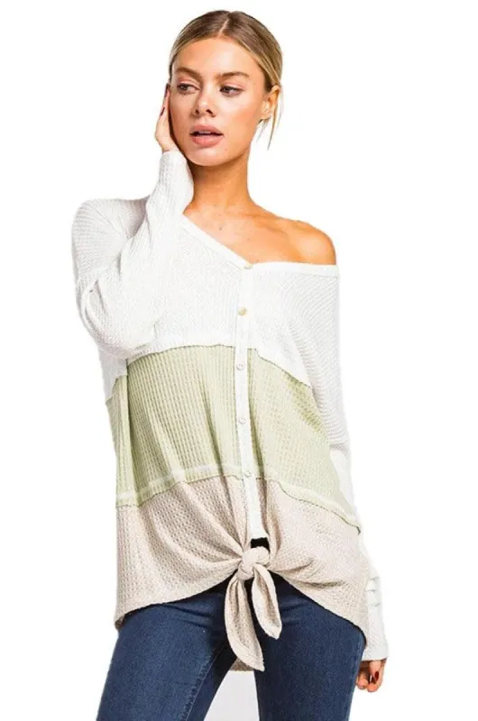 Long Sleeves Color Block Button-Down Thermal Top sold by BOLD elements