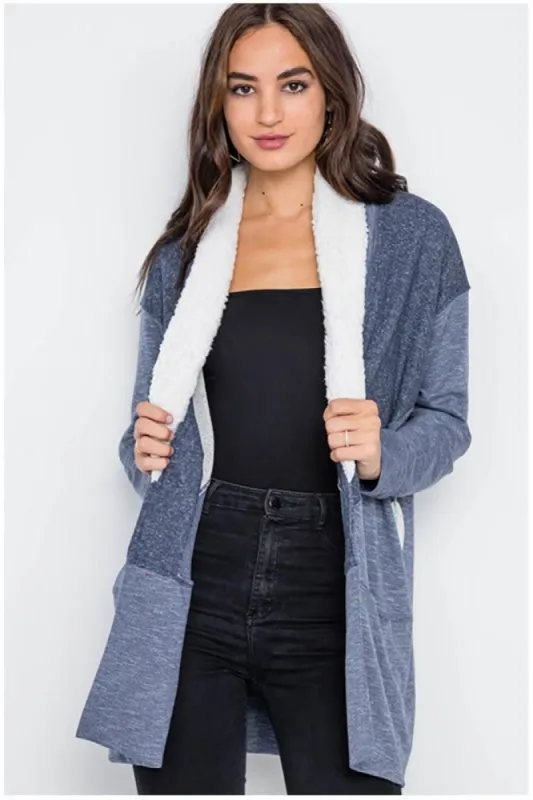 Open-Front Fuzzy Collar Long Sleeve Cardigan sold by BOLD elements