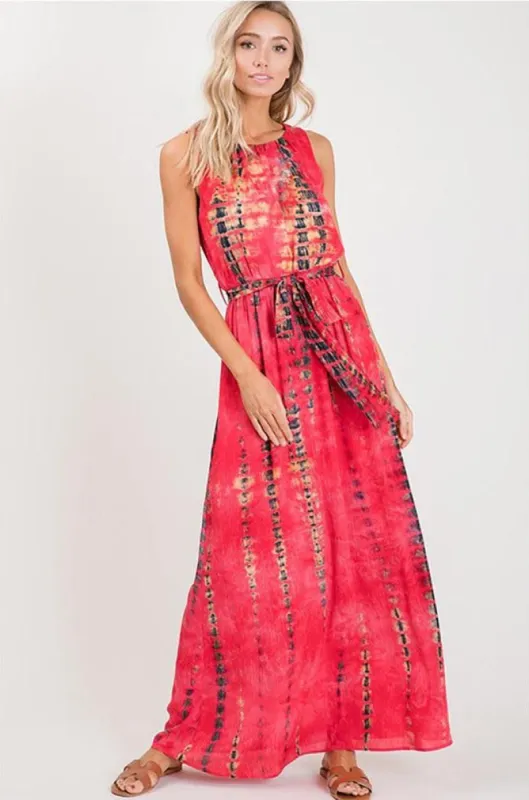 Sleeveless Self Tie Waist Tie Dye Maxi Dress sold by BOLD elements