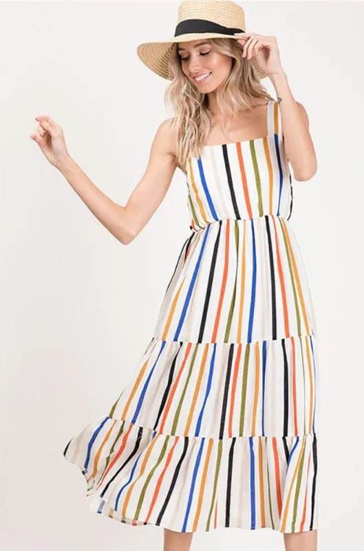 Strap Sleeveless Multi Stripe Ruffle Midi Dress sold by BOLD elements