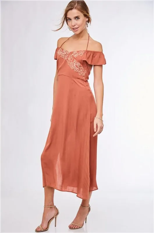 Halter Pleated Embroidered Off Shoulder Maxi Dress sold by BOLD elements