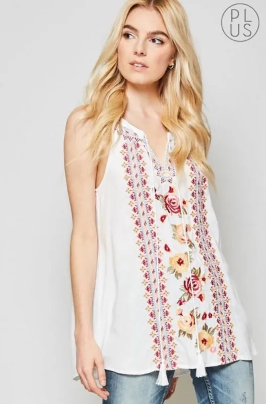 Women's Sleeveless Embroidery Detail Tassel Tie Top sold by BOLD elements