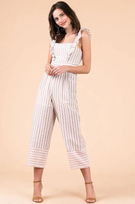 Ruffle Shoulder Straps Striped Capri Jumpsuit sold by BOLD elements
