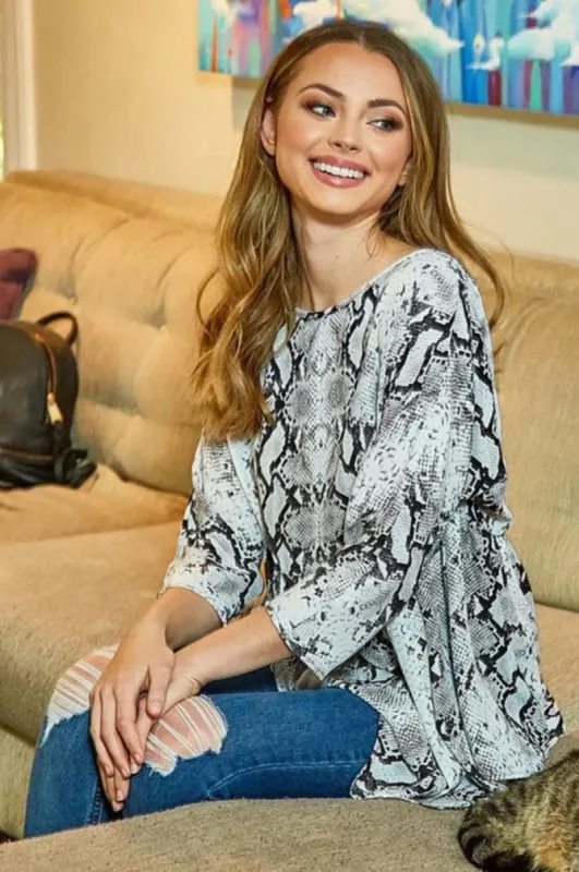 Open Back Ruffle Sleeve Snake Print Knit Top sold by BOLD elements