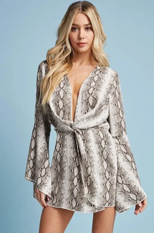 Snake Print Twisted Knot Bell Sleeve Dress sold by BOLD elements