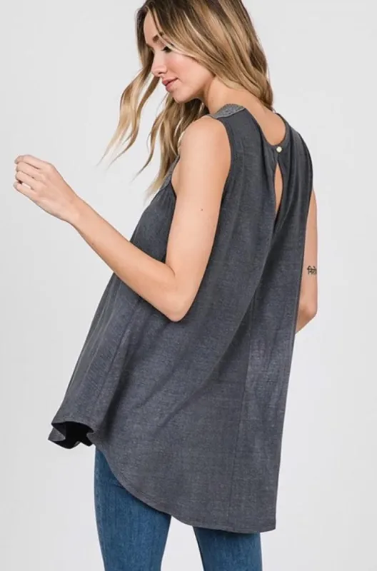 Women's Vintage Washed Keyhole Lace Patch Tank Top sold by BOLD elements