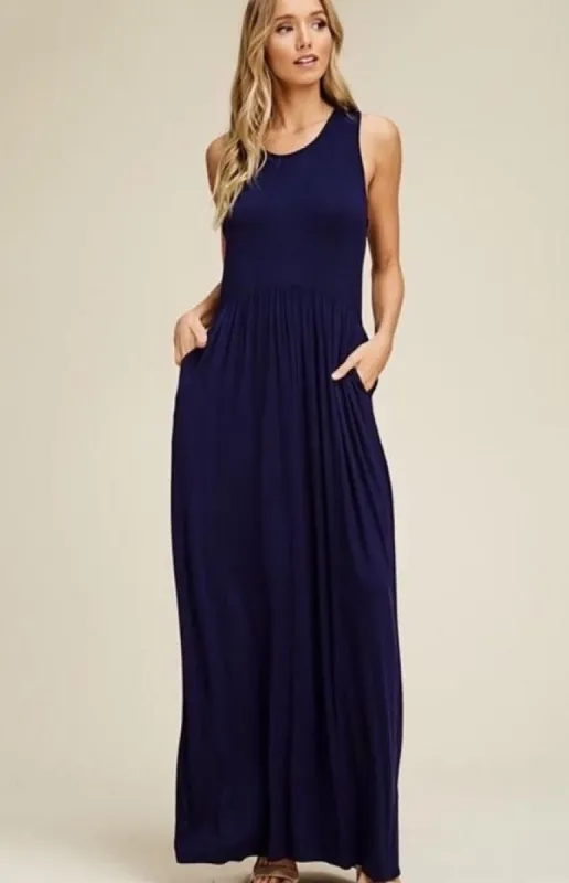 Women's Solid Sleeveless Pleated Waist Maxi Tank Dresses sold by BOLD elements