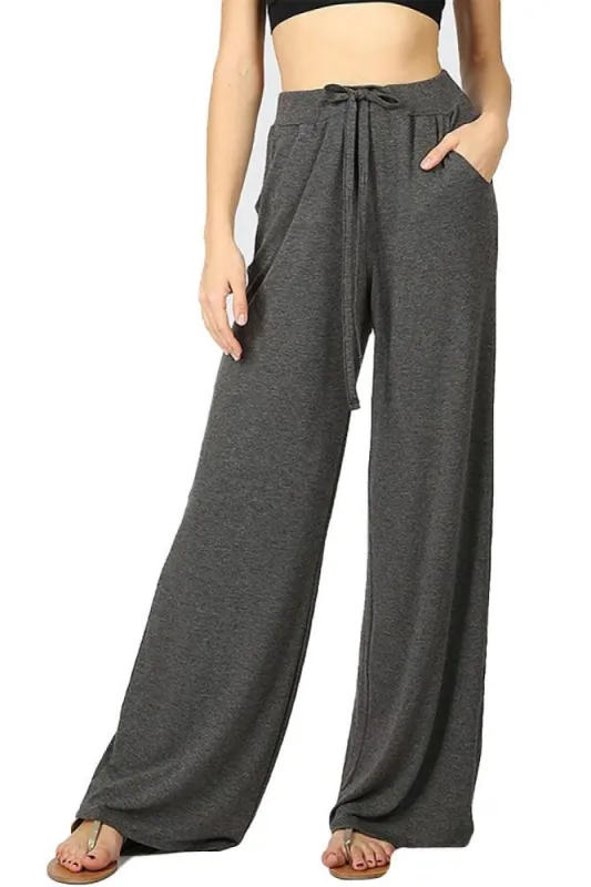 Premium Lounge Pants - Bell Bottom Wide Leg Pants with Drawstring made by Zenana