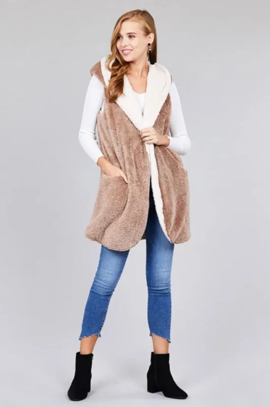 Women's Open Front Hoodie Faux Fur Soft Fluffy Vest sold by BOLD elements
