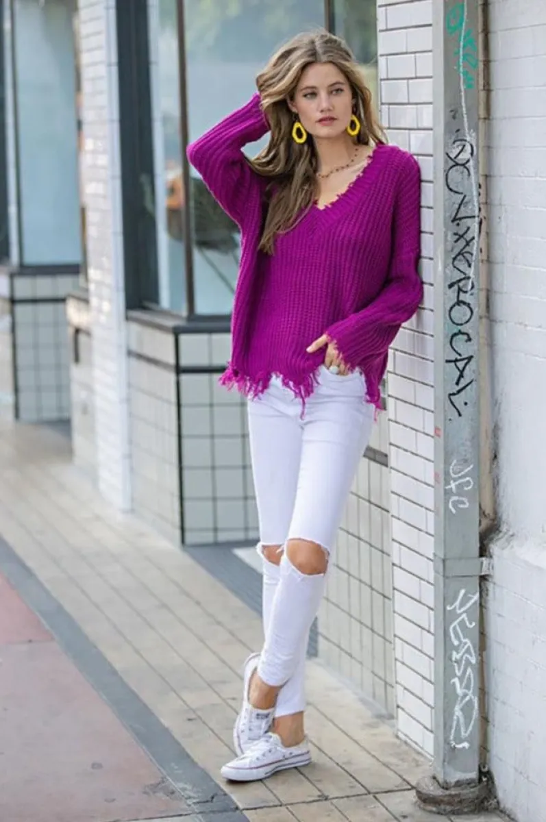 Women Distressed Frayed V-Neck Sweater sold by BOLD elements