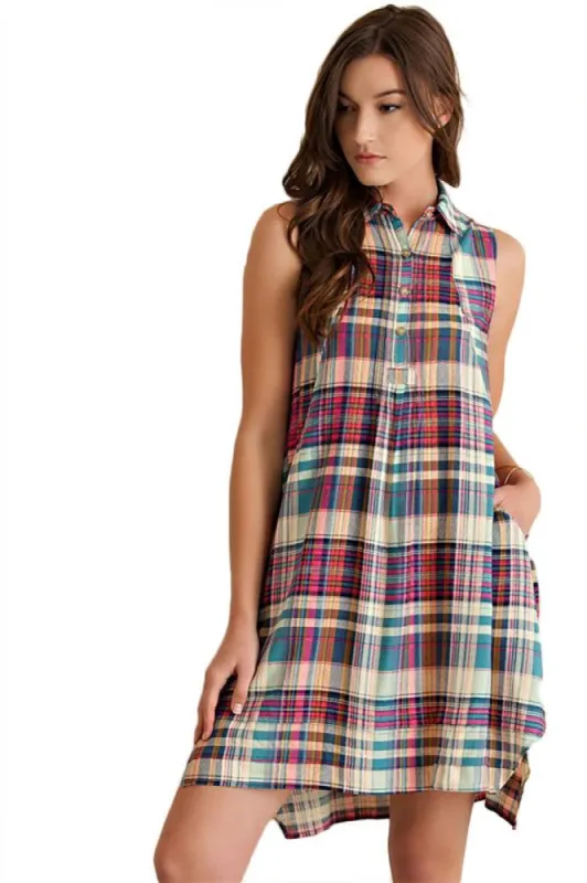Plaid Button Down Sleeveless Shift Dress sold by BOLD elements