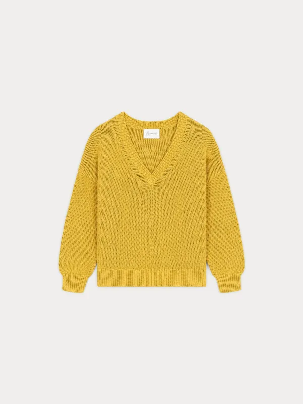 Pull en maille chunky col V en coton jaune made by Bonpoint