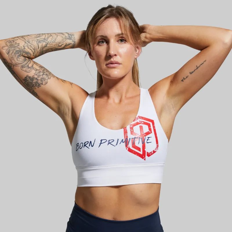 X-Factor Sports Bra (Brand Strength-White) sold by Born Primitive