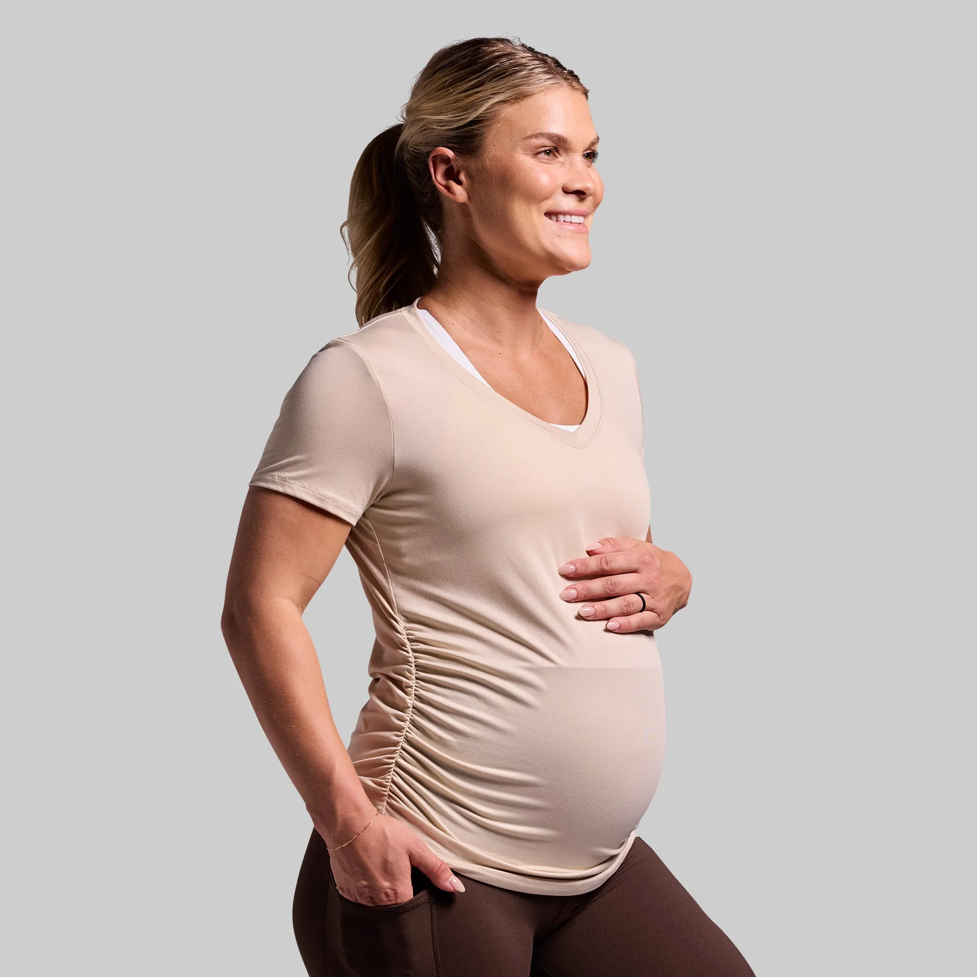 Maternity Athleisure Short Sleeve V-Neck (Oatmeal) sold by Born Primitive