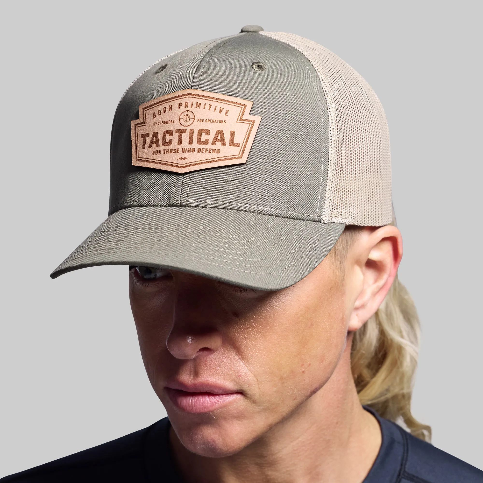 Tactical Light Leather Patch Trucker Hat (OD Green) sold by Born Primitive