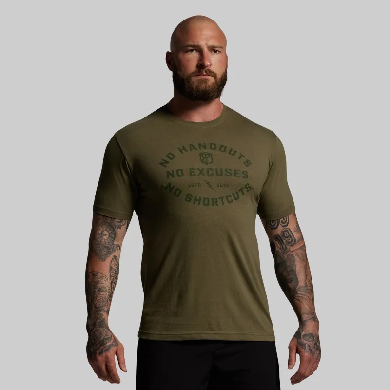 No Excuses Tee (Tactical Green) sold by Born Primitive