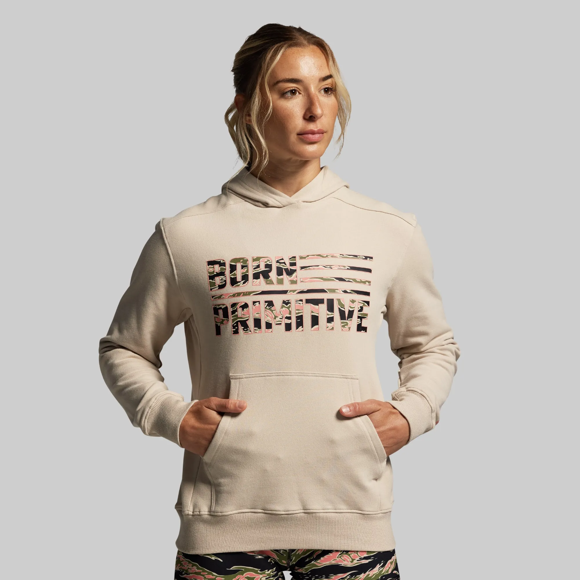 BP Flag Women's Unmatched Hoodie (Pumice/Pink Jungle Tiger) sold by Born Primitive
