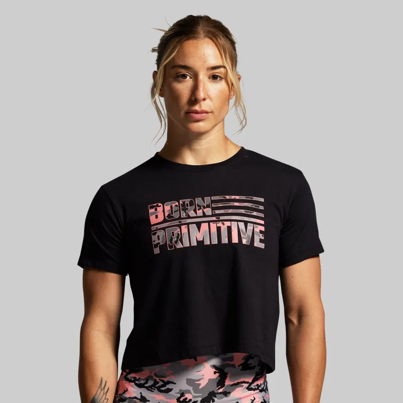 BP Flag Crop Tee (Black/Pink Woodland) sold by Born Primitive