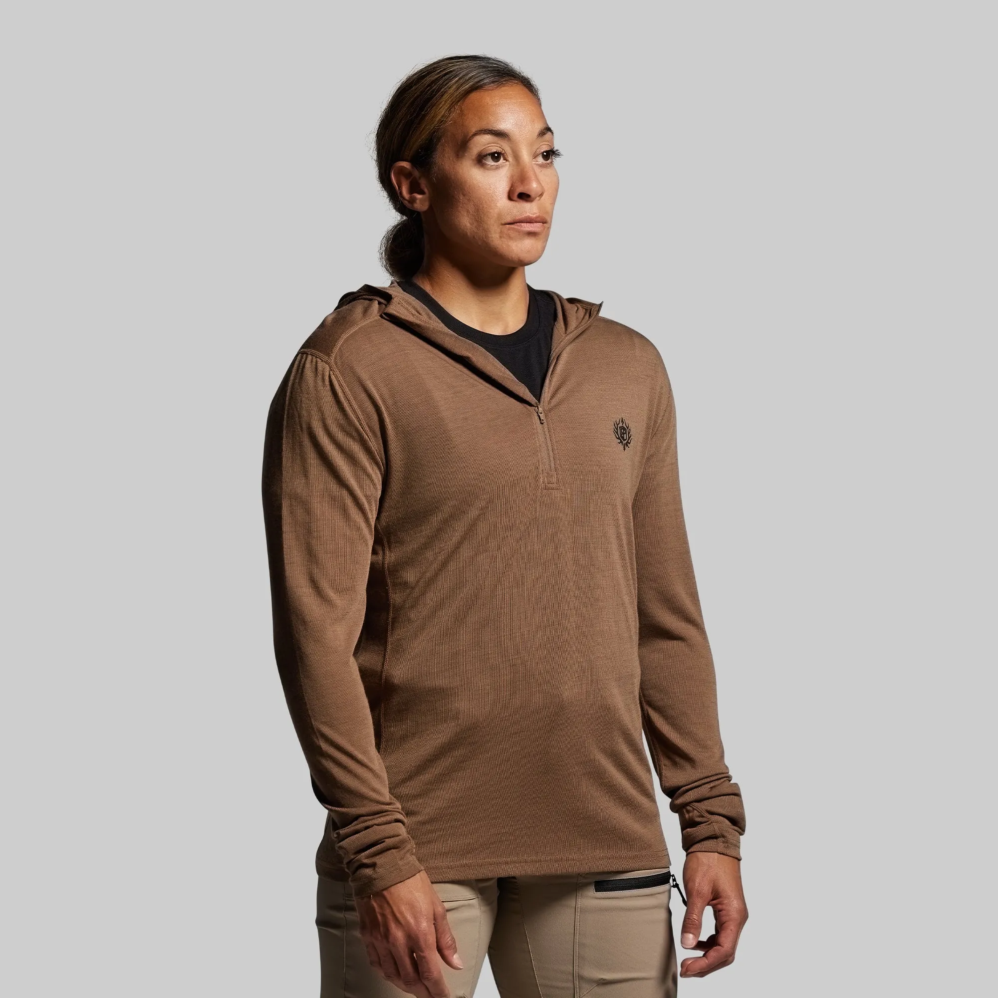 Women's Ridgeline Merino Half Zip Hoodie 165 (Coyote Brown) sold by Born Primitive