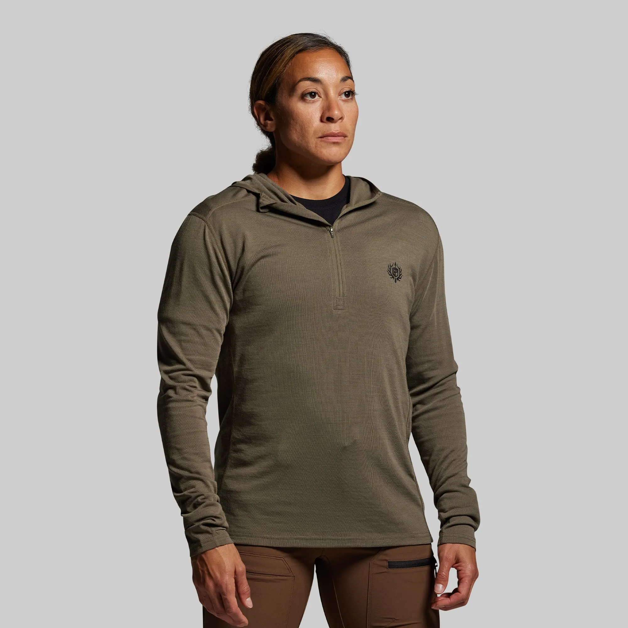 Women's Ridgeline Merino Half Zip Hoodie 165 (OD Green) sold by Born Primitive