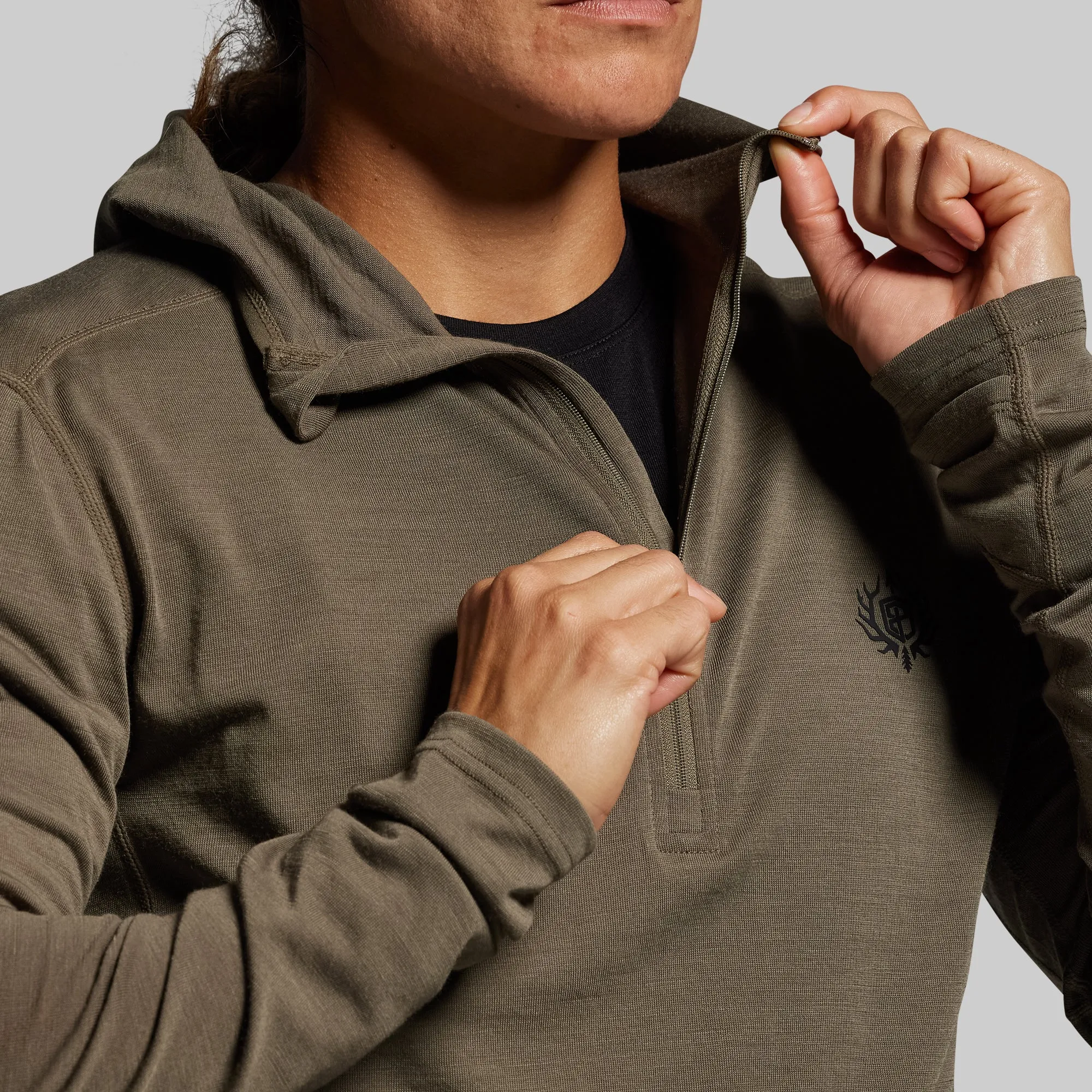 Women's Ridgeline Merino Half Zip Hoodie 165 (OD Green) sold by Born Primitive product image thumbnail 3