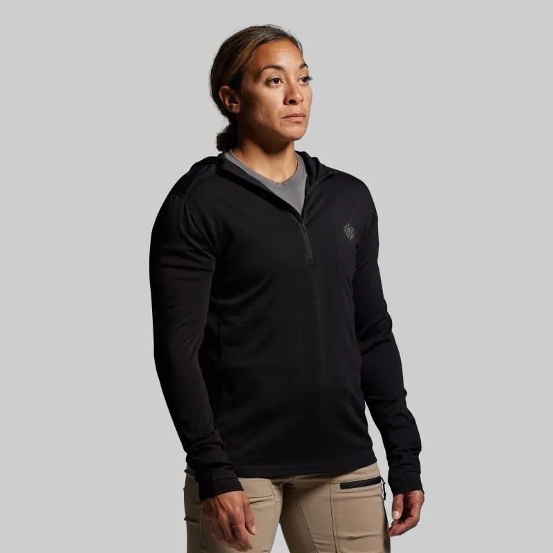 Women's Ridgeline Merino Half Zip Hoodie 165 (Black) sold by Born Primitive