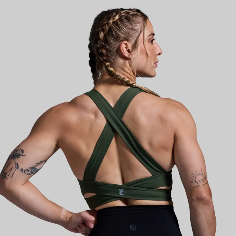 Double Cross Sports Bra (Tactical Green) sold by Born Primitive