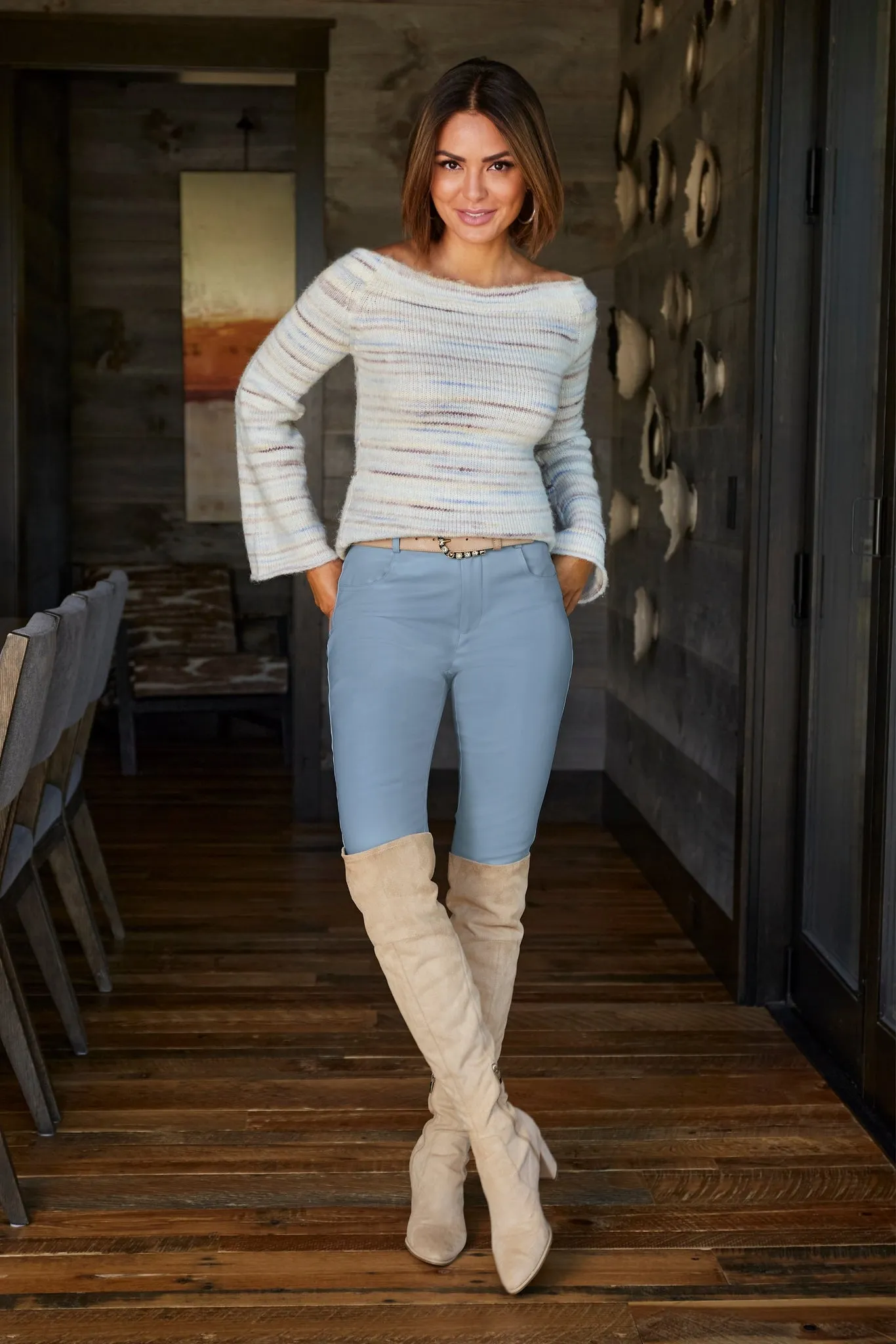 Faux Leather Five Pocket Pant Light Blue sold by Boston Proper