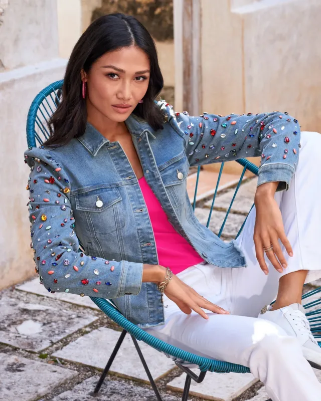 Bright Crystal Embellished Puff-Sleeve Denim Jacket Light Wash sold by Boston Proper