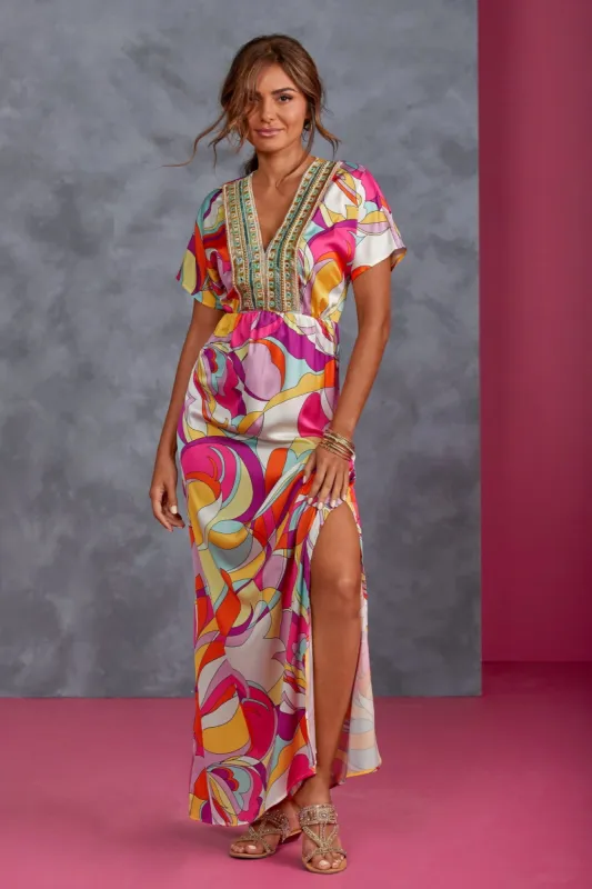 Abstract Print Embellished Maxi Dress Hamptons Swirl sold by Boston Proper