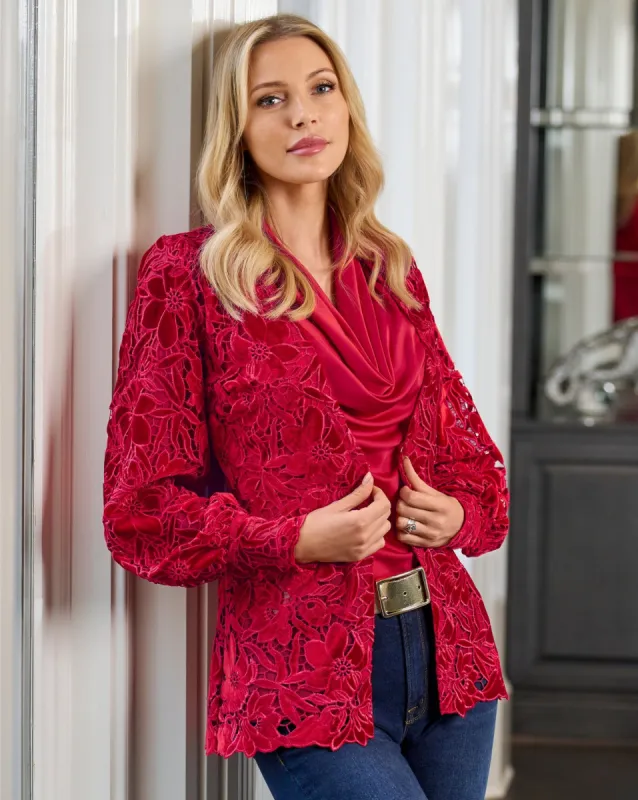 Velvet Floral Lace Hip Length Duster Racing Red sold by Boston Proper