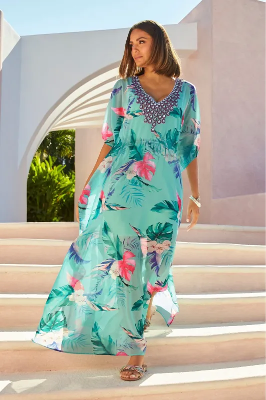 Embellished Tropical Print Elastic Waist Maxi Dress Multi sold by Boston Proper