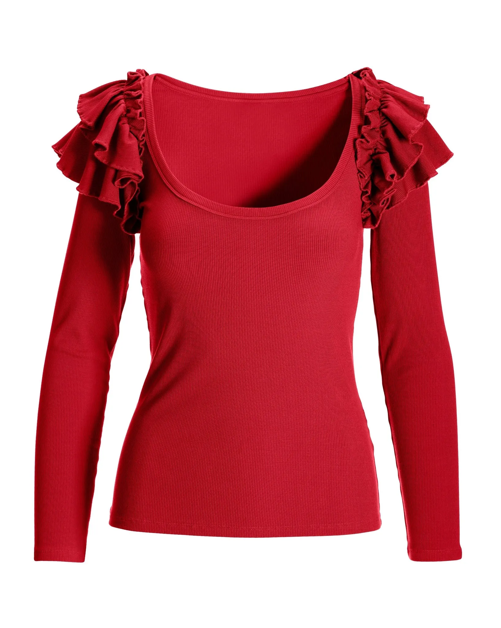 So Essential Ruffle Ribbed Long Sleeve Top Racing Red sold by Boston Proper product image thumbnail 2
