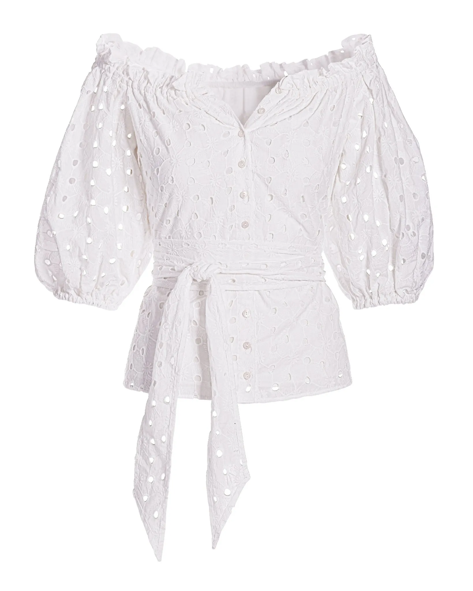 Eyelet Puff Sleeve Tie Waist Peplum Blouse White sold by Boston Proper product image thumbnail 2