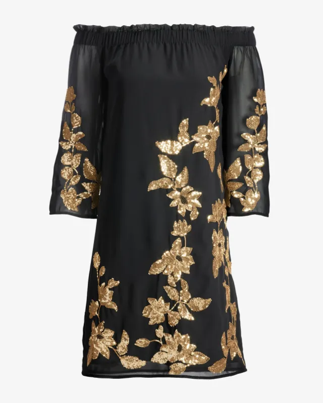 Gold Sequin Embellished Off the shoulder Shift Dress Black sold by Boston Proper