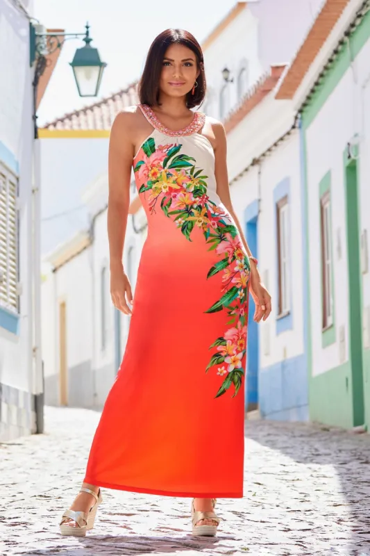 Getaway Floral Embellished Knit Maxi Coral/Green sold by Boston Proper